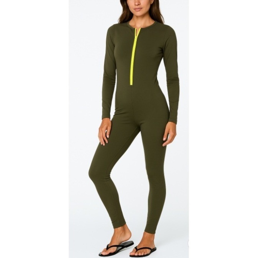 Watskin Swimsuit Front Zip Full coverage Catsuit Women's Size XS Olive Green